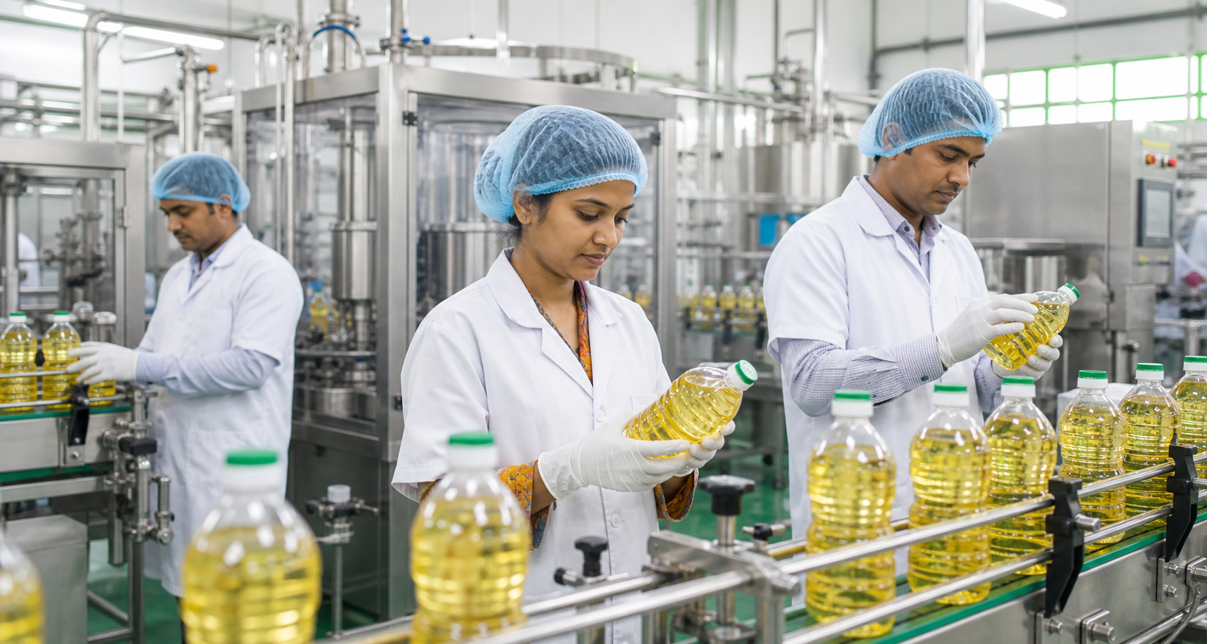 Food factory workers inspecting edible oil bottles