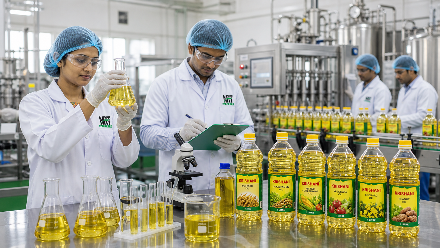 MRT Agro quality control staff inspecting Krishani edible oil products